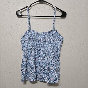 Rewind Floral Smocked Tank Top Women’s Large Blue White Adjustable Strap Boho